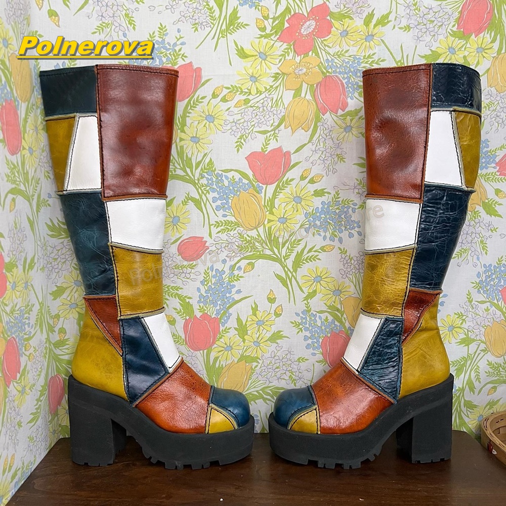 Vintage Fashion Heels - Women Retro Patchwork Leather Knee High